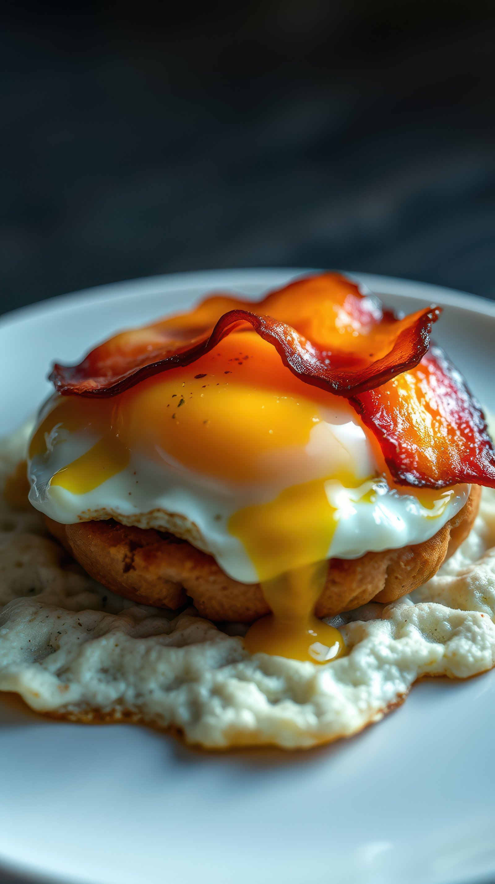 Delicious breakfast sandwich with poached egg, crispy bacon, and savory sauce served on a toasted biscuit